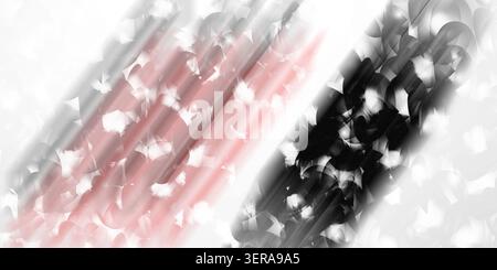 A high-contrast abstract image featuring a mix of diagonal light streaks and textured circular patterns, blending black, white, and soft red tones. Stock Photo