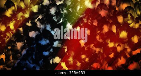 A dynamic abstract composition featuring overlapping circular shapes and light rays, blending warm red and yellow tones with cool blue and dark shadow Stock Photo
