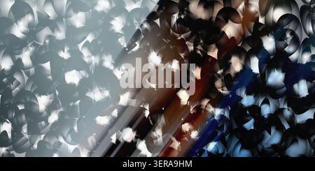 A dynamic abstract image featuring a diagonal transition from bright, light-filled circular patterns to deep, dark textured areas with light streaks. Stock Photo
