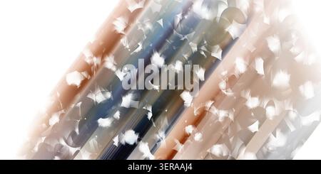 An abstract composition featuring diagonal light streaks in shades of blue and copper, overlaid with soft, glowing bokeh circles on a white background Stock Photo