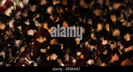 A textured abstract background composed of overlapping dark circular elements accented by warm orange light streaks and glowing highlights. Stock Photo
