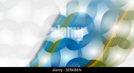 An abstract background featuring blue circles and dynamic light streaks on a white and grey gradient base. Stock Photo