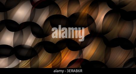 Abstract digital background featuring a pattern of overlapping circular shapes with vibrant orange light rays and dark shadows. Stock Photo