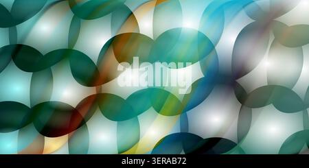 An abstract background with a cool blue and teal color palette, featuring a repeating pattern of overlapping circles and soft, flowing light effects. Stock Photo