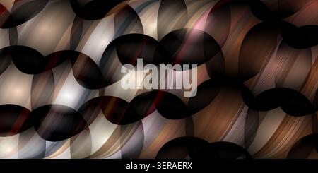 Vibrant abstract background with overlapping dark circles over a textured metallic backdrop of bronze, copper, and silver light streaks. Stock Photo