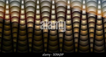 An abstract background design consisting of a grid of golden metallic spheres with a diagonal light reflection across the textured surface. Stock Photo