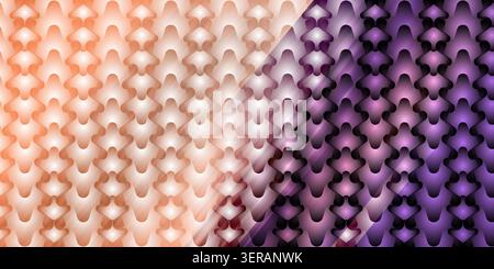 An abstract background featuring a repeating 3D pattern divided diagonally, transitioning from a soft peach and white gradient to a deep, rich purple Stock Photo