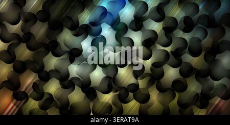 An abstract composition featuring a dark, repeating circular pattern layered over a background with diagonal light streaks and a prominent blue glow. Stock Photo