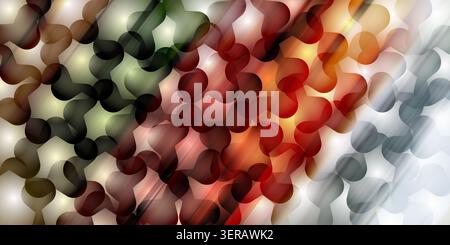 Abstract background of interlocking organic shapes in red, green, and grey with dynamic diagonal light rays and glows. Stock Photo
