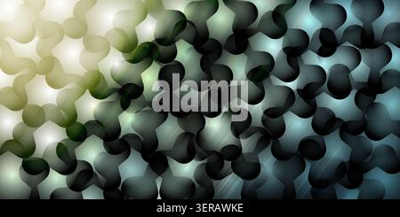 An abstract composition of dark, overlapping organic shapes set against a background of shifting green and blue light gradients and lens flares. Stock Photo