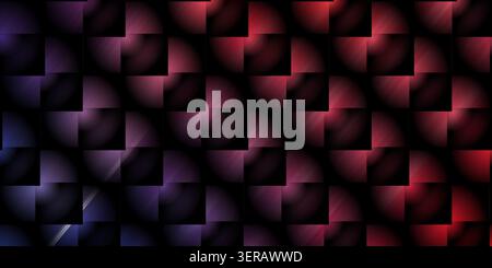 A dark, moody abstract background composed of a grid of square tiles, each featuring a soft circular glow transitioning from deep purple to vibrant re Stock Photo