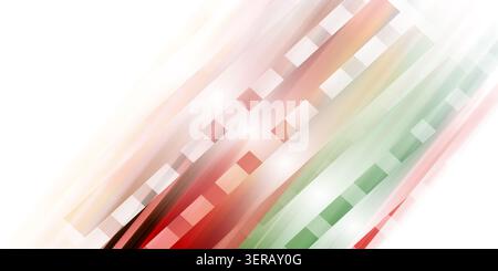 A bright abstract background featuring intersecting diagonal stripes in soft red, green, and white tones, accented with glowing light squares isolated Stock Photo