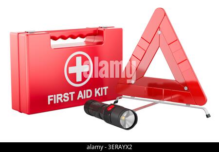 Car emergency kit with first aid box, flashlight and warning triangle. 3D rendering isolated on white background Stock Photo