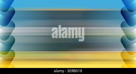 A vibrant abstract background with horizontal motion blur transitioning from blue to yellow, featuring stylized geometric shapes on the left and right Stock Photo