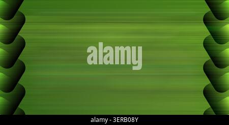 A high-quality abstract background featuring a horizontal brushed metal texture in shades of green, framed by dark, geometric, gear-like side borders. Stock Photo