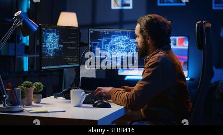 Developer updating artificial intelligence neural networks, typing on computer keyboard and drinking coffee, Freelancing IT expert writing AI code, training machine learning, listening music. Stock Photo