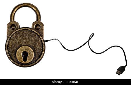 Vintage metal lock with a USB Cable to show online security Stock Photo