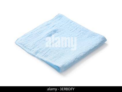 Folded light blue microfiber cleaning cloth for household chores and personal care, isolated on white background, the soft Stock Photo
