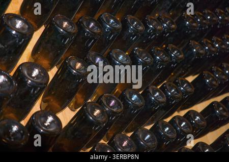 Wine bottles mature in a dark cellar Stock Photo