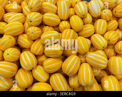 Top view of fresh Korean melons stacked together. Bright yellow striped fruit background featuring healthy organic produce, summer harvest Stock Photo