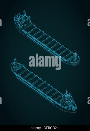 Cargo container ship technical isometric blueprints on blue background: stylized vector illustration for logistics, shipping and maritime transport in Stock Vector