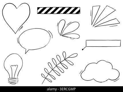 Hand drawn simple line doodles set, minimal outline graphic shapes and decorative elements Stock Photo