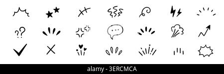 Effect icon line comic set. Hand drawn effect icon line with heart star arrow sketch mark movement. Cute cartoon sparkle emoji question exclamation manga emotion doodle. Vector illustration Stock Vector