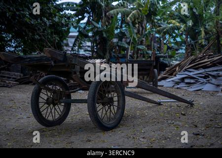 Abandoned old wooden cart with rubber wheels on dirt ground beside tropical trees, Vietnam Stock Photo