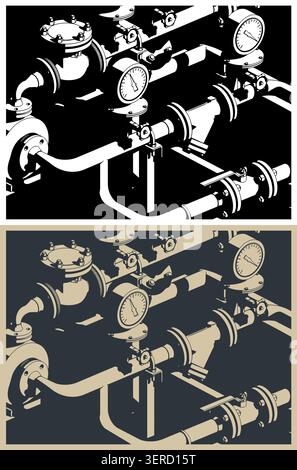 Industrial piping system with pressure gauges, valves, flanges, and pumps: isometric stylized vector illustrations Stock Vector
