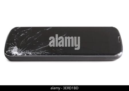 Modern smartphone with cracked screen in one corner, isolated on white background Stock Photo