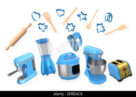 Assorted kitchen appliances and baking utensils isolated on white background, representing cooking and baking tools. Stock Photo