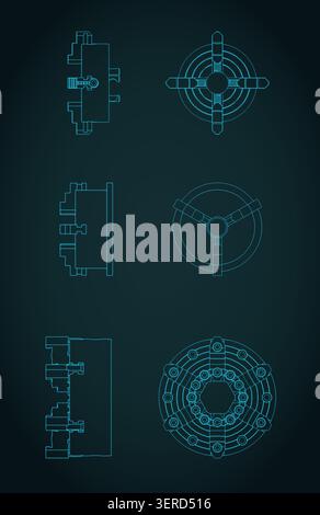 Lathe chuck blueprints mini set, stylized vector illustration Stock Vector