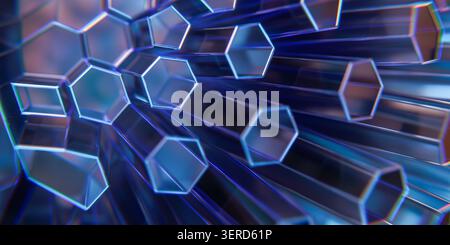 Futuristic background featuring glowing blue hexagonal crystal tubes, protruding outward in geometric arrangement, showcasing shallow depth field stun Stock Photo