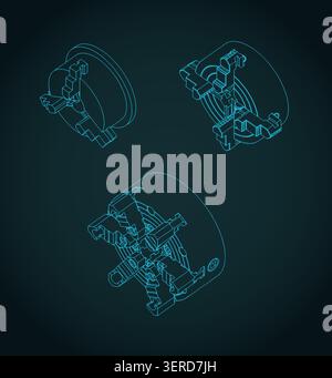 Lathe chuck isometric blueprints mini set, stylized vector illustration Stock Vector
