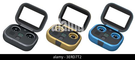 Flying photo and video yellow drone remote on white background. 3D rendering of device for delivery or aerial photography Stock Photo