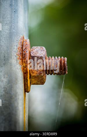 Close up of a rusty nut and bolt fixed to a metal pole, displaying significant corrosion and wear over time. Thailand photography, no generative ai Stock Photo