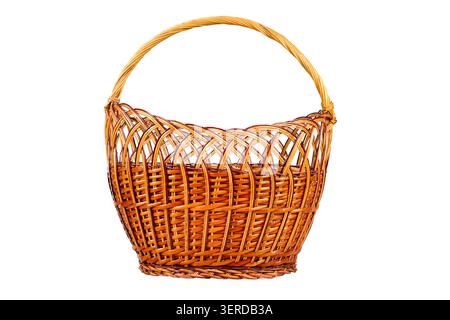 Basket from the vine on a white background. Wicker basket with handle isolated on a white background. Stock Photo