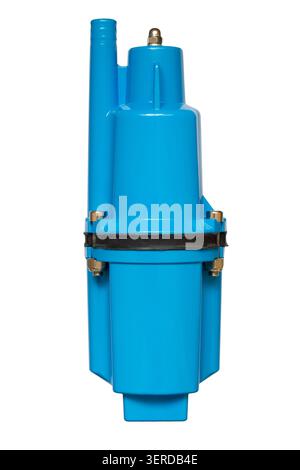 Vibrating water pump on a white background. Blue water pump close-up. Stock Photo