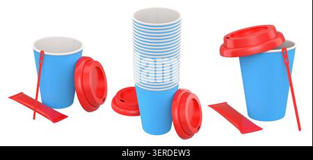 Set of takeaway coffee cups with plastic lids, stirrers, and sugar sachets isolated on white background. Concept of beverage service Stock Photo