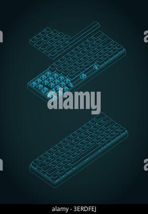 Mechanical 60% keyboard isometric blueprints with partially removed keycaps close-up: stylized vector illustration Stock Vector