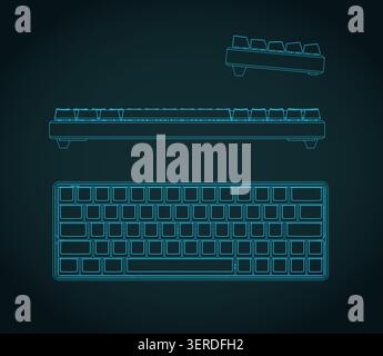 Mechanical 60% keyboard isometric blueprints stylized vector illustration Stock Vector
