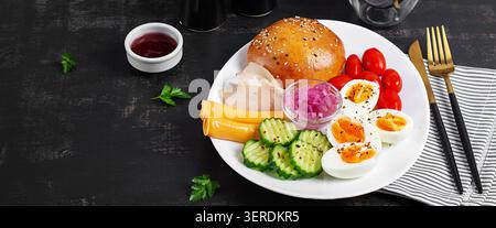 Balanced Protein Rich Meal Served on White Plate Stock Photo