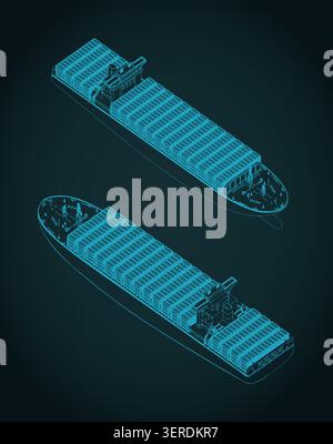 Cargo container ship isometric blueprints: stylized vector illustration for logistics, shipping and maritime transport industry Stock Vector