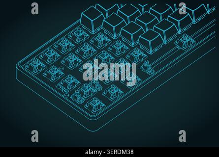 Mechanical 60% keyboard isometric blueprint with partially removed keycaps close-up: stylized vector illustration Stock Vector