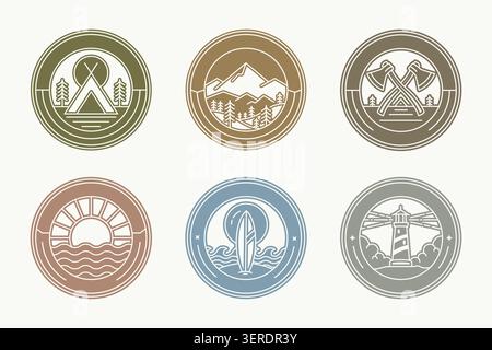 Collection of summer outdoor adventure badge logo vectors for beaches and mountains. Stock Vector