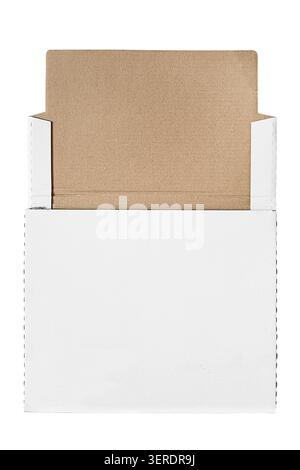 Blank white unpacked paper packet isolated on white background Stock Photo