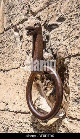 Antique wrought iron wall ring, horse-shaped, historic hitching post in medieval old town, Gubbio, Umbria, Italy Stock Photo