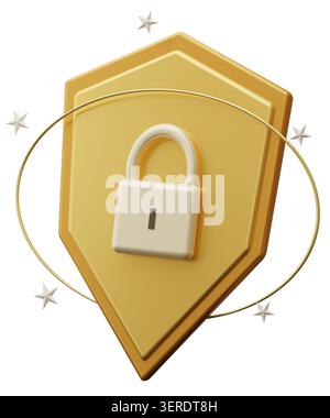 A yellow shield shape is shown with a padlock in the center. The shield is isolated on a clear background and designed in 3D. This design represents s Stock Photo