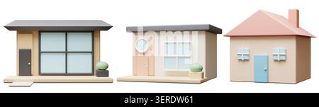 Three simple 3D rendered houses are shown on a clear background. Each house has different shapes and colors. The scene has no people or activities pre Stock Photo