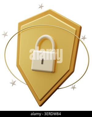 A yellow shield shape is shown with a padlock in the center. The shield is isolated on a clear background and designed in 3D. This design represents s Stock Photo
